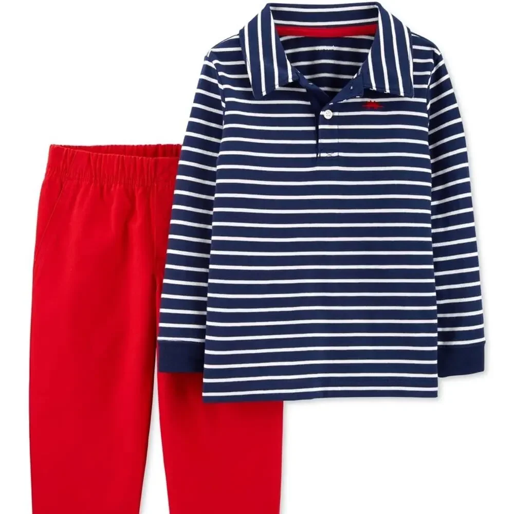 NWT Carter’s 2 Piece Set Striped Collared Long Sleeve Top and Red Pants Size 3
